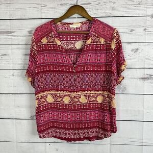 Farmers Market Top Shirt Womens 2X Pink Button Bohemian Paisley Southwestern